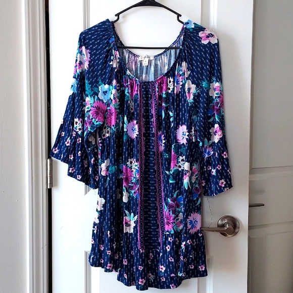 Style & Co. Short sleeve ruffles 2x blue with flower print - Picture 1 of 9
